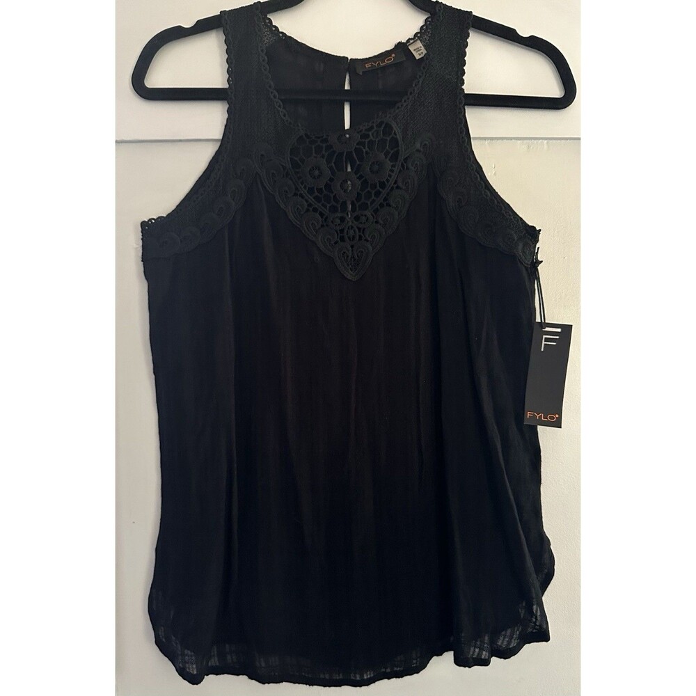 FYLO Black Sleeveless Rayon Lace Detail Top Buttons Down Back Size S